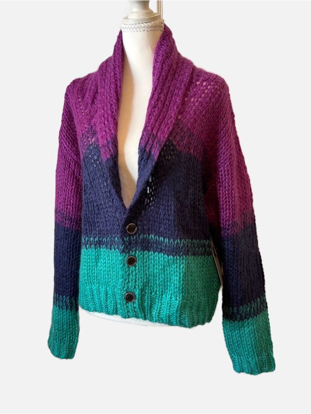 Spiritual Gangster Royce Cardigan NWT Small Purple Teal Navy Colorblock Sweater - Picture 3 of 11
